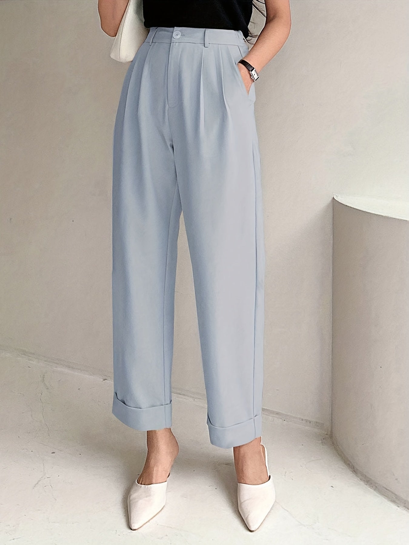 Chic Solid High Waist Pleated Pants - Flattering Draped Design, Straight Leg, Casual Style - Perfect for Womens Wardrobe