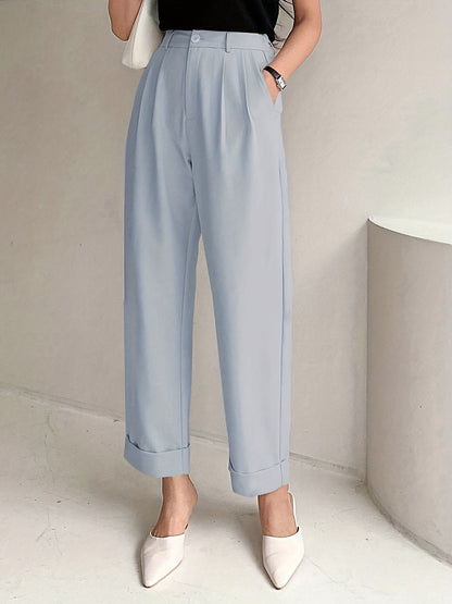 Chic Solid High Waist Pleated Pants - Flattering Draped Design, Straight Leg, Casual Style - Perfect for Womens Wardrobe