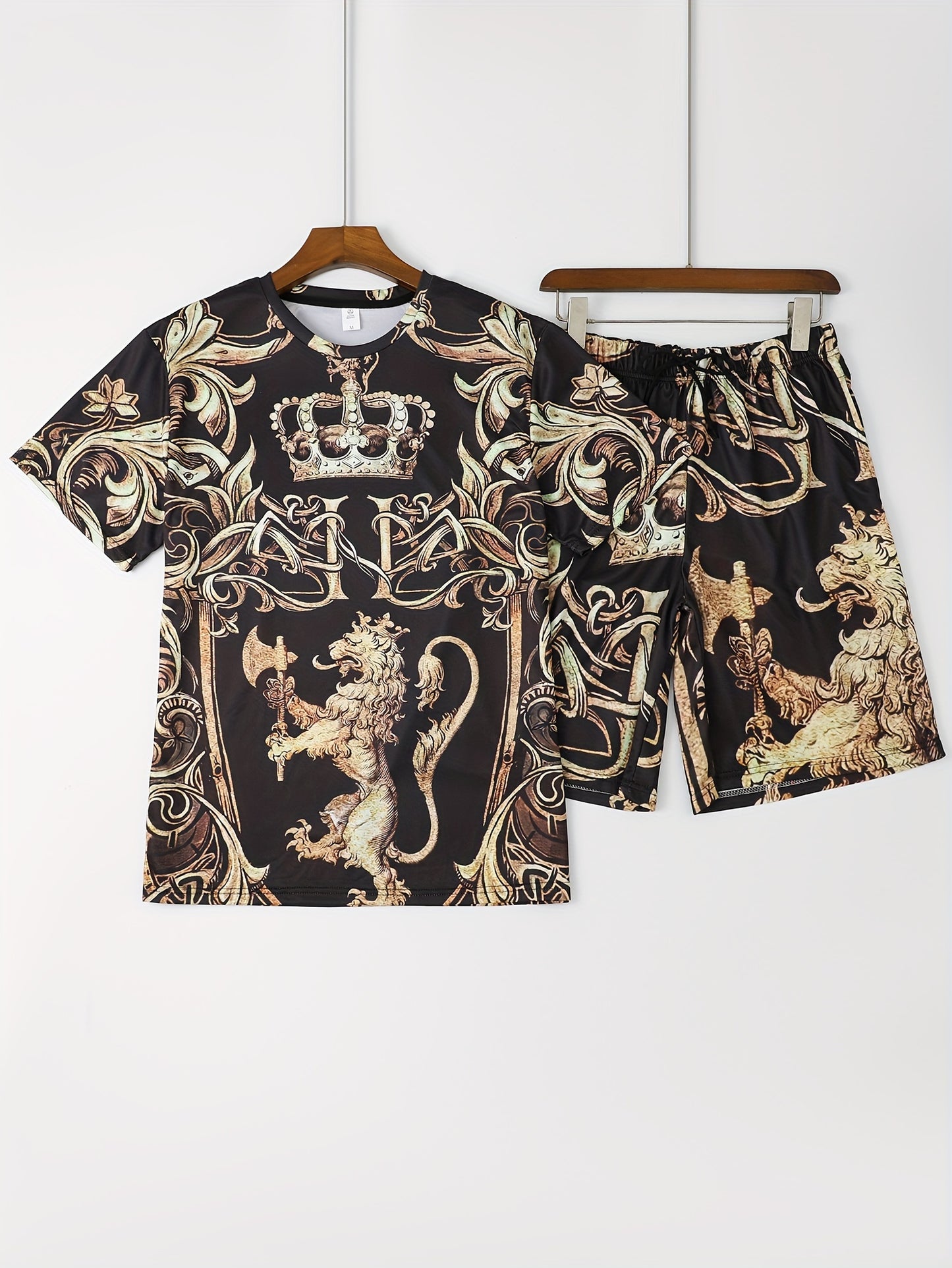 2pcs Sports Set, Men's Comfy Crew Neck Plaid Tee & Active Slightly Stretch Breathable Pants For Outdoor Activities