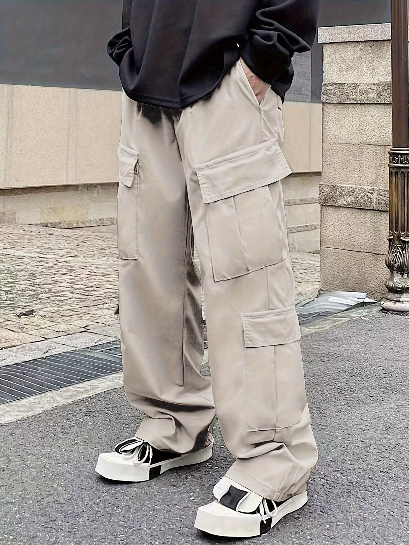 Men's Loose Casual Outdoor Cargo Pants - Multi Flap Pocket Trousers - Trendy Solid Work Pants for Streetwear Hip Hop Style