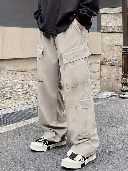 Men's Loose Casual Outdoor Cargo Pants - Multi Flap Pocket Trousers - Trendy Solid Work Pants for Streetwear Hip Hop Style