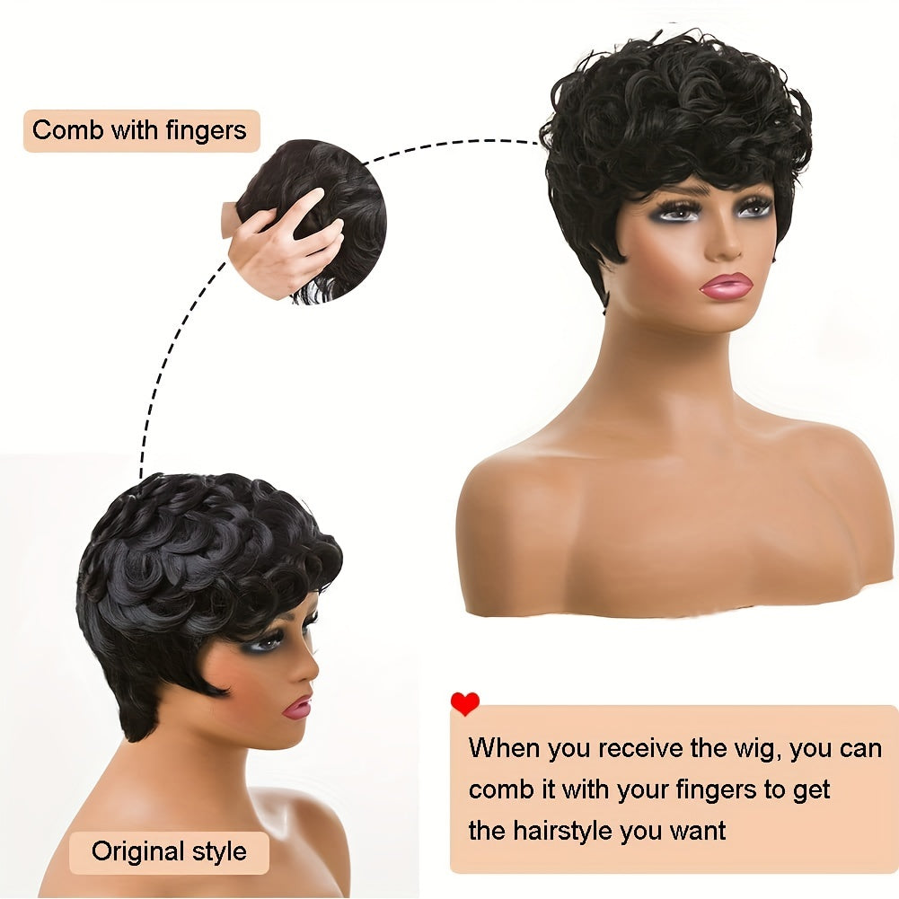 Flattering Short Curly Pixie Wig with Versatile Bangs - Lustrous Synthetic Hair, Easy for Beginners, Heat Resistant and Durable