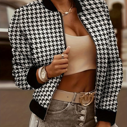 Houndstooth Print Bomber Jacket, Casual Zip Up Long Sleeve Outerwear, Women's Clothing