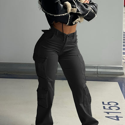 Black Flap Pockets Straight Jeans, Loose Fit Non-Stretch High Waist Cargo Pants, Y2K & Kpop Style, Women's Denim Jeans & Clothing