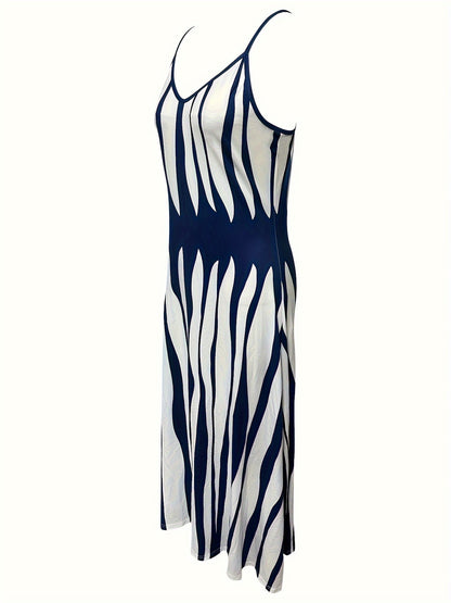 Vibrant Geo Print Deep V Neck Modest Sun Dress - Soft Micro Elastic Polyester Fabric, Machine Washable, Sleeveless, Spaghetti Strap, Perfect for Summer - Womens Casual Wear