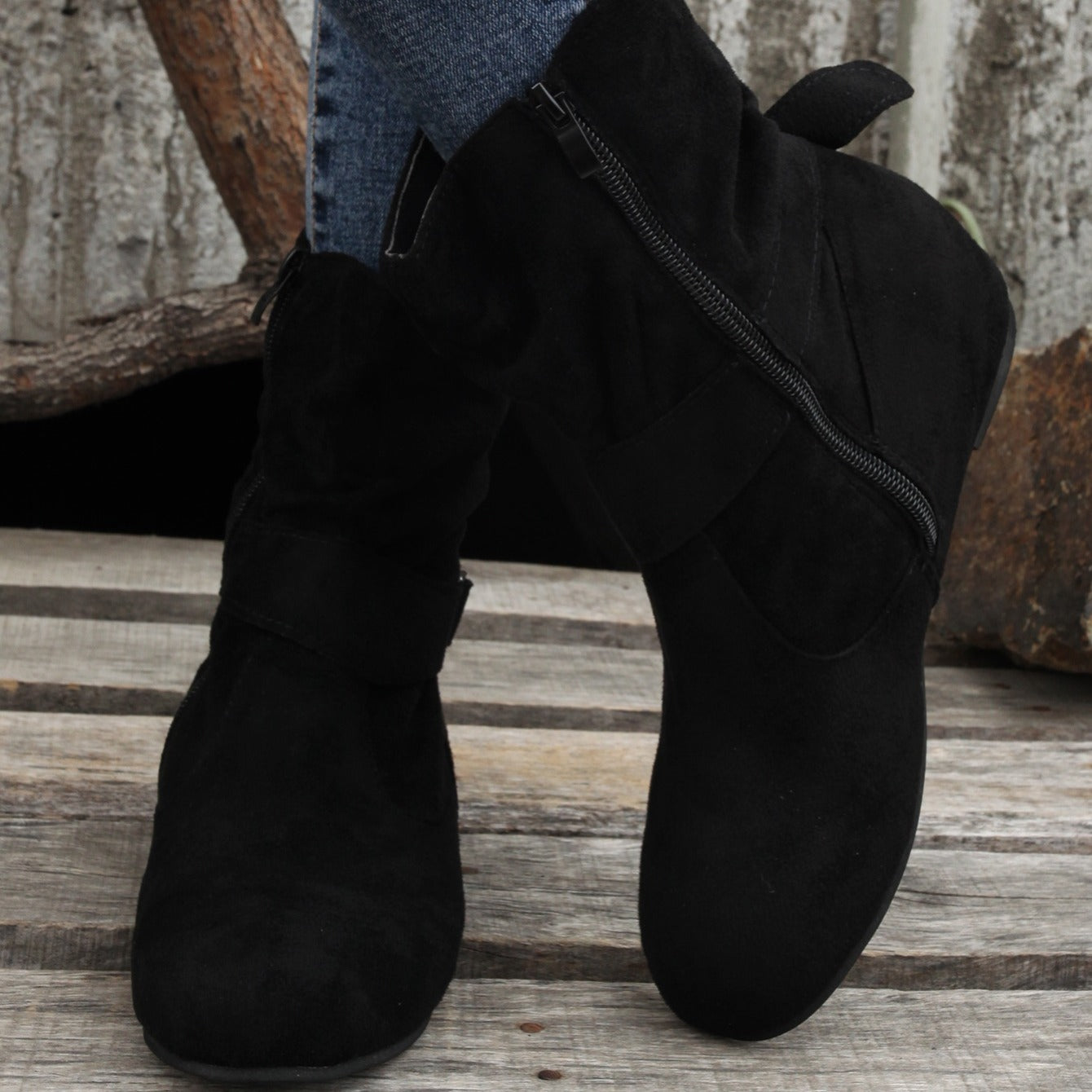 Womens Classic Solid Color Ankle Boots with Round-Toe Design - Fashion Buckle Belt & Side Zipper Closure - Ultra-Comfortable Outdoor Shoes for Stylish Adventures