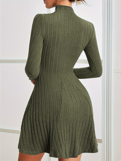 Solid Ribbed Dress, Casual Mock Neck Long Sleeve Dress, Women's Clothing