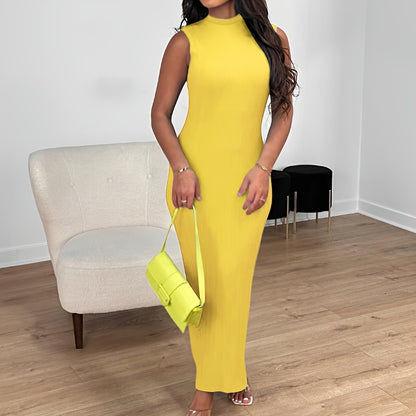 Women's Summer 2023 Fashion Casual Knit Sleeveless Crew Neck Bodycon Pencil Dress, Polyester 95% Spandex 5%, Solid Color Long Length Skinny Fit