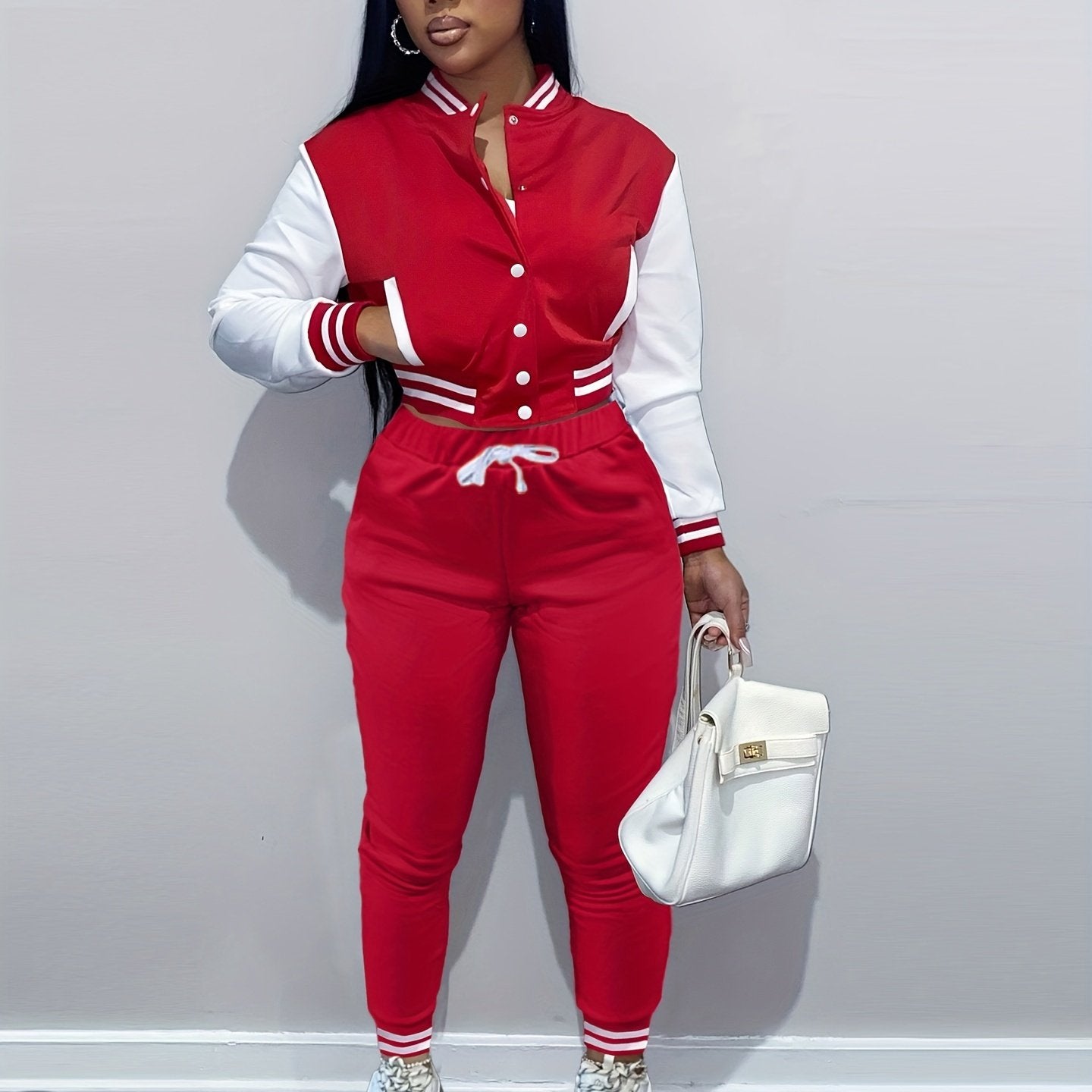 Casual Two-piece Set, Button Front Bomber Jacket & Drawstring Pants Outfits, Women's Clothing