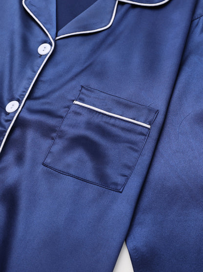 Solid Pajama Set, Long Sleeve Button Up Lapel Top & Pants Pj Set, Women's Sleepwear & Loungewear