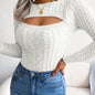Long Sleeve High Stretch Acrylic Blend Women's Sexy Hollow-Out Knit Pullover Sweater, Skinny Fit, Solid Color, Spring/Fall Fashion Top, Crew Neck, Polyester 28%, Polyamide 22%, Viscose 28%