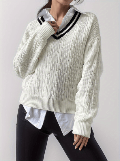 V Neck Cable Knit Pullover Sweater, Casual Long Sleeve Drop Shoulder Sweater, Women's Clothing