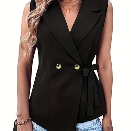 Plus Size Chic Blazer Vest - Solid Side Knot Design with Double Breast Buttons - Elegant, Asymmetric Hem & Slight Stretch for a Flattering Fit