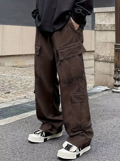 Men's Loose Casual Outdoor Cargo Pants - Multi Flap Pocket Trousers - Trendy Solid Work Pants for Streetwear Hip Hop Style