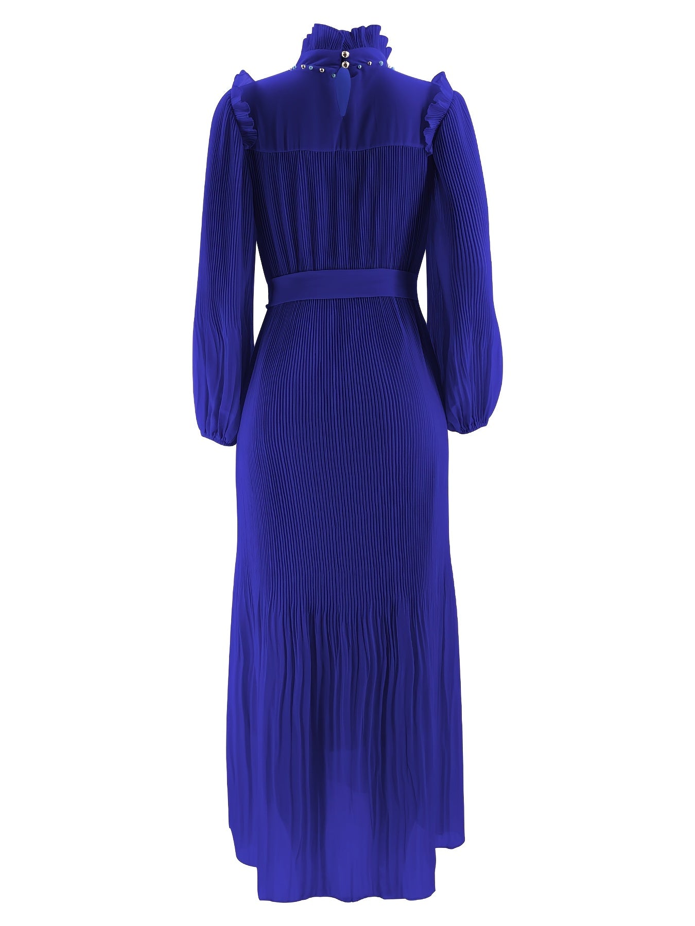 Elegant Pleated Maxi Dress for Women - Solid Color, Belted Waist, Long Sleeve, Machine Washable - Perfect for Ramadan & Casual Attire