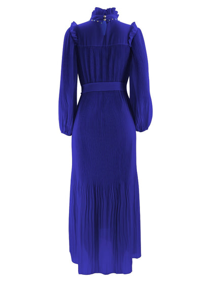 Elegant Pleated Maxi Dress for Women - Solid Color, Belted Waist, Long Sleeve, Machine Washable - Perfect for Ramadan & Casual Attire