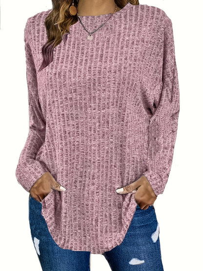 Plus Size Casual Sweater, Women's Plus Solid Ribbed Long Sleeve Round Neck Knit Top