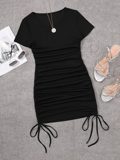Womens Ruched Skinny Dress - Adjustable Drawstring Waist, Solid Color, Short Sleeve, Crew Neck, Chic and Versatile Casual Wear for Women
