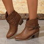Women's Chunky Heeled Ankle Boots, Retro Buckle Strap Pointed Toe Booties, Side Zipper Short Boots