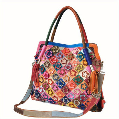 Retro 3D Flower Embroidery Tote Bag, Women's Colorblock Patchwork Purse, Large Capacity Genuine Leather Crossbody Bag