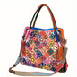 Retro 3D Flower Embroidery Tote Bag, Women's Colorblock Patchwork Purse, Large Capacity Genuine Leather Crossbody Bag