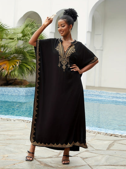 Bohemian Golden Embroidered Plus Size Maxi Dress with Bat Sleeves for Ramadan