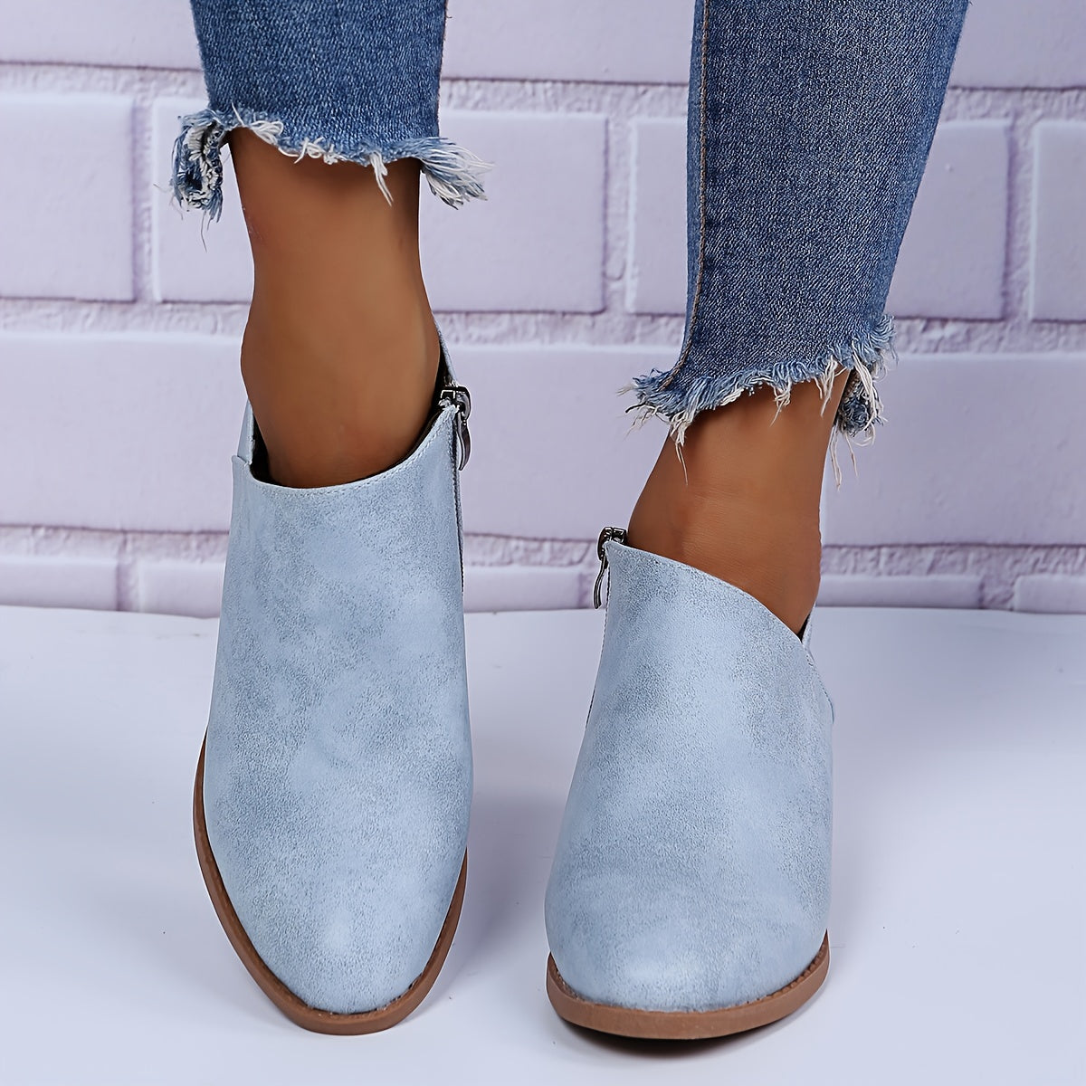 Ankle Stacked Heel Women's Short Boots with V Cut Side Zipper and Non Slip Sole