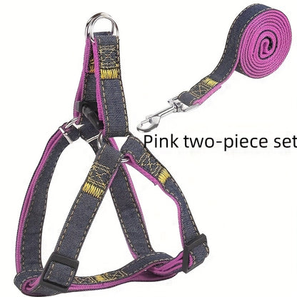 [Small to Large Adjustable Harness] Denim Dog Harness and Leash Set - Adjustable, Comfort Fit for Small to Large Breeds - Durable Polyester Material, Pulling Rope, Teddy