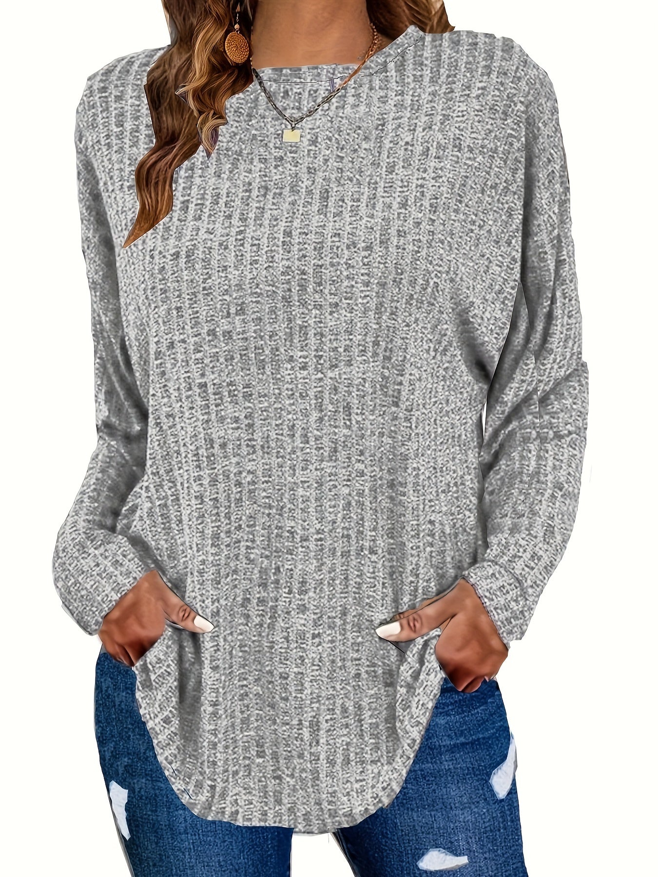 Plus Size Casual Sweater, Women's Plus Solid Ribbed Long Sleeve Round Neck Knit Top
