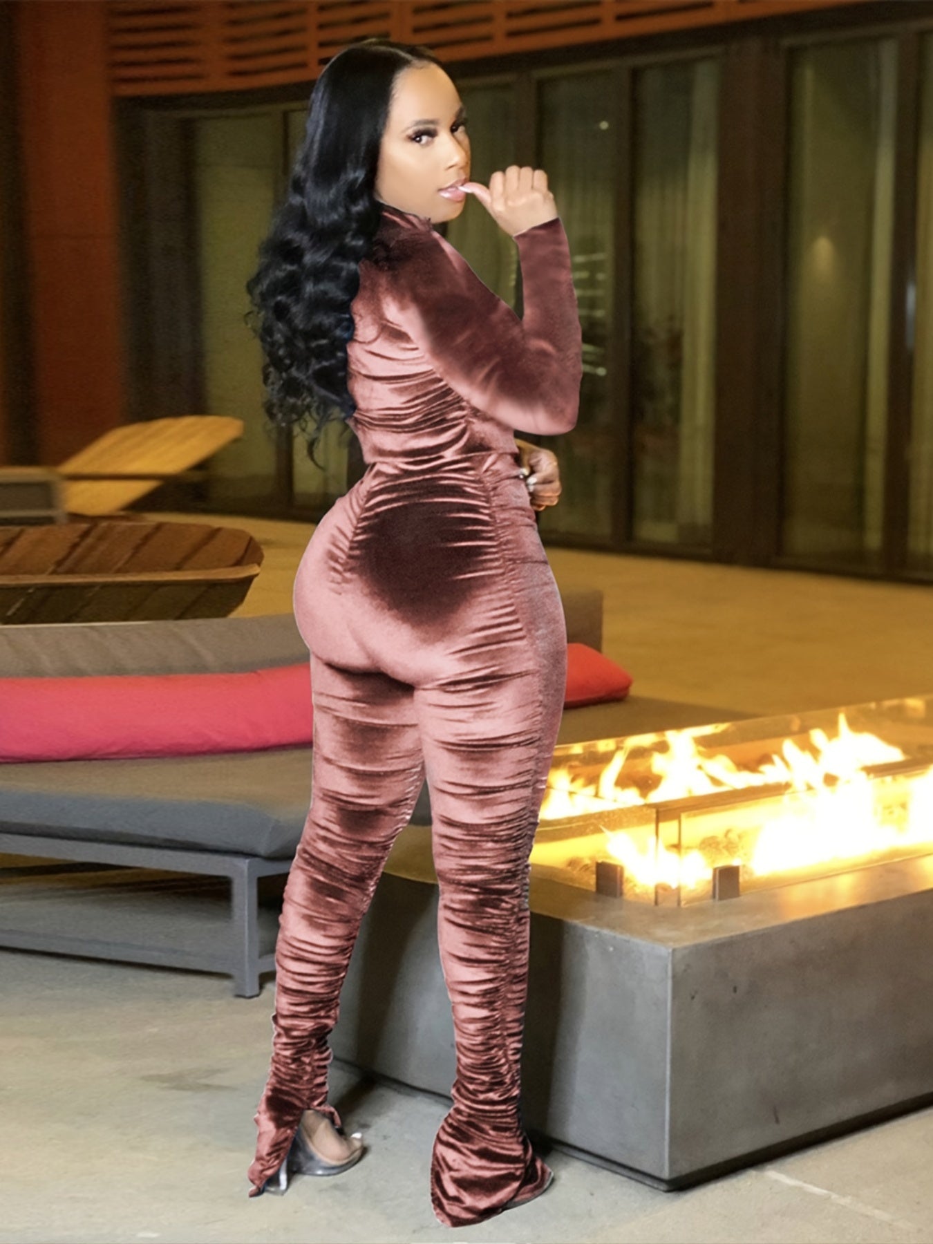 Two-Piece Long Sleeve Crop Top & High Waist Ruched Ruffle Pants Set - Soft Polyester Knit Fabric, Mid Elasticity, Placket Closure, Solid Color - Casual Wear for Women