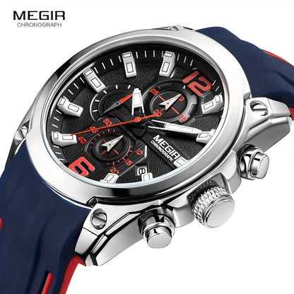 Megir Men's Chronograph Analog Quartz Watch - Date Function, Luminous Display, Soft Silicone Rubber Strap, Stylish Wristwatch Ideal for Gifts, Everyday Wear