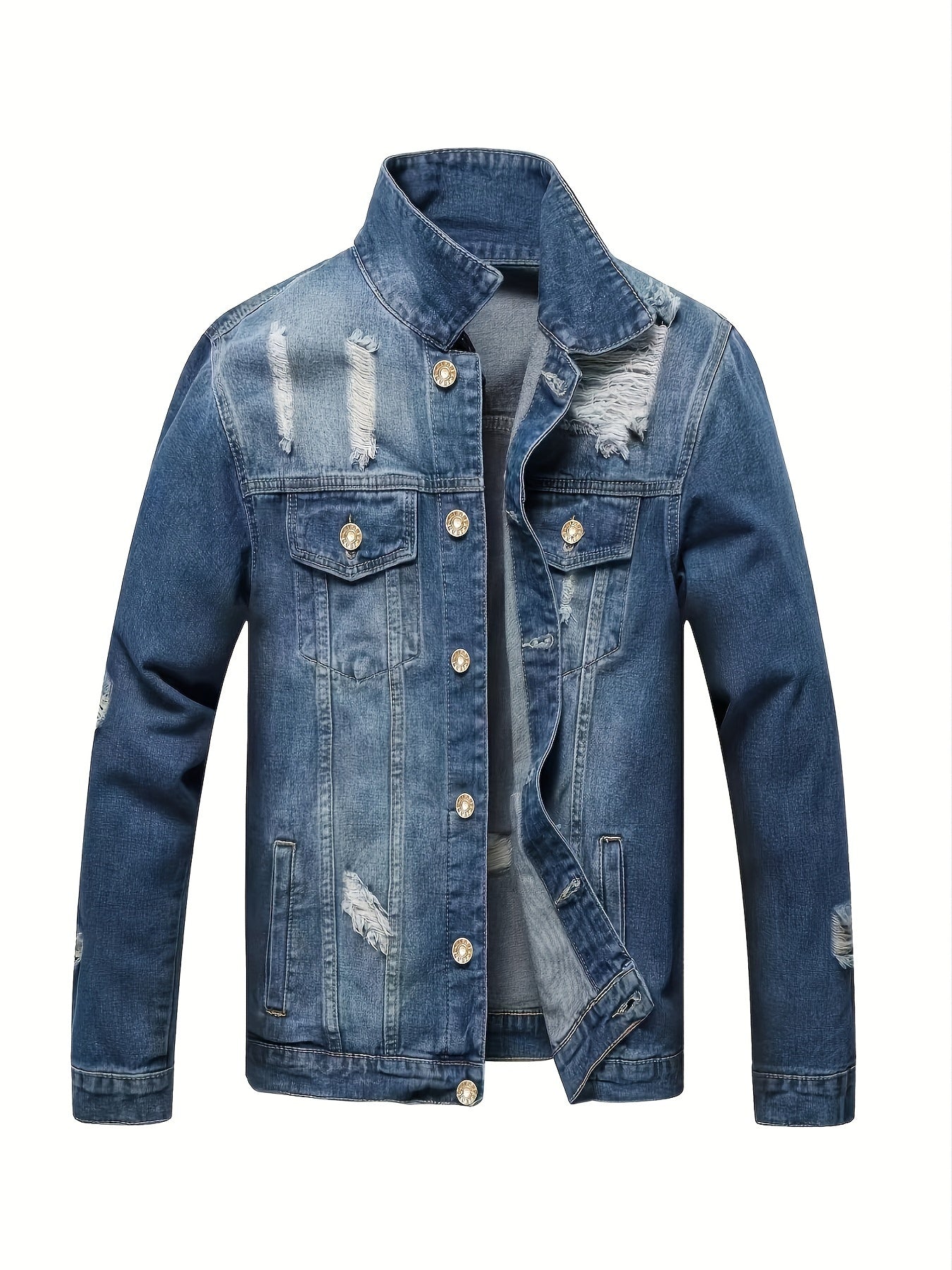 Men's Ripped Denim Jacket with Multiple Pockets, Casual Street Style Denim Jacket