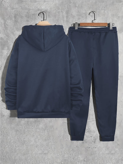 Paris Print, Men's 2Pcs Outfits, Casual Hoodies Long Sleeve Pullover Hooded Sweatshirt And Sweatpants Joggers Set For Spring Fall, Men's Clothing