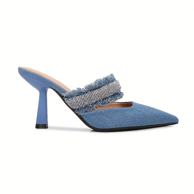 Women's Rhinestone Decor Shoes, Slip On Point Toe Stiletto Versatile Hollow Slides Shoes, Trendy & Glitter Minimalist Shoes