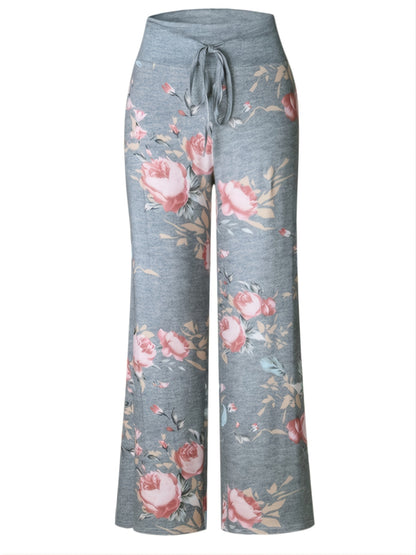 Plus Size Floral Print High Rise Drawstring Long Pants, Women's Plus Slight Stretch Loose Casual Pants