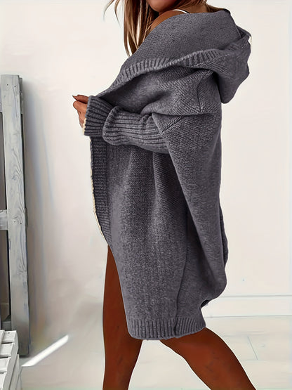 Plus Size Casual Cardigan, Women's Plus Solid Stitching Long Sleeve Hooded Open Front Slight Stretch Sweater Cardigan