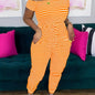 Striped Off Shoulder Drawstring Jumpsuit, Casual Short Sleeve Slim Jumpsuit For Spring & Summer, Women's Clothing