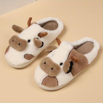 Cozy Cartoon Cow Slippers - Plush Lined Slip-Ons for Winter Warmth and Comfort