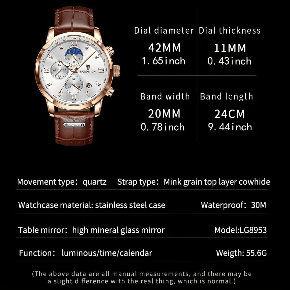 LIGE Men Watch Luxury PU Leather Sport Quartz Wristwatch Chronograph Watch For Men Masculino Men Gift Christmas Gift