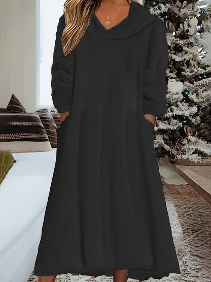 Long Sleeve Winter Warm Teddy Hooded Dress, Casual Women's Clothing