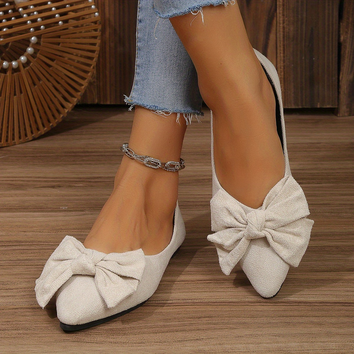 Lightweight Women's Elegant Point Toe Bowknot Decor Flat Shoes, Solid Color Dress Shoes