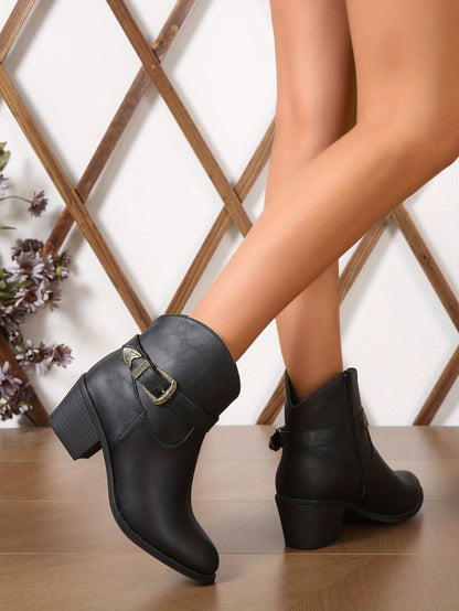 Women's Chunky Heeled Ankle Boots, Retro Buckle Strap Pointed Toe Booties, Side Zipper Short Boots