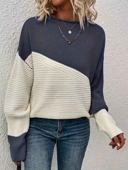 Color Block Loose Pullover Sweater, Elegant Long Sleeve Drop Shoulder Sweater, Women's Clothing