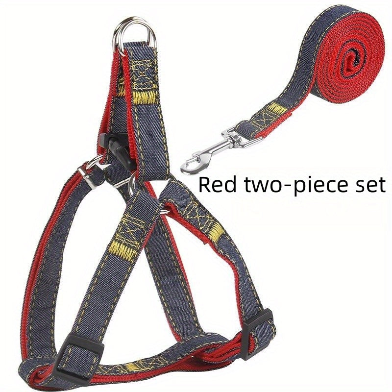 [Small to Large Adjustable Harness] Denim Dog Harness and Leash Set - Adjustable, Comfort Fit for Small to Large Breeds - Durable Polyester Material, Pulling Rope, Teddy