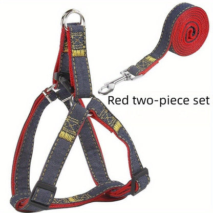 [Small to Large Adjustable Harness] Denim Dog Harness and Leash Set - Adjustable, Comfort Fit for Small to Large Breeds - Durable Polyester Material, Pulling Rope, Teddy
