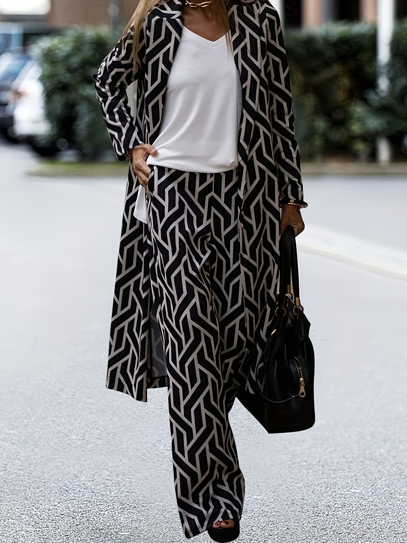 2pcs Women's Elegant V-Neck Suit - Geometric Pattern, Smooth 120g/m² Polyester Fabric - Casual Essentials | Machine Wash, No Dry Clean | Side Stripe Details