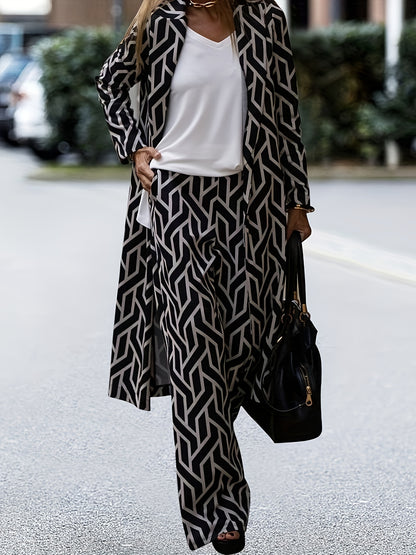 2pcs Women's Elegant V-Neck Suit - Geometric Pattern, Smooth 120g/m² Polyester Fabric - Casual Essentials | Machine Wash, No Dry Clean | Side Stripe Details