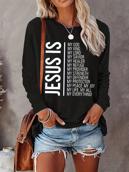 Jesus Print Crew Neck T-shirt, Casual Long Sleeve Top For Spring & Fall, Women's Clothing