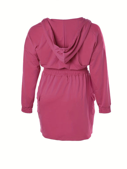 Plus Size Elegant Tunic Dress - Hooded, Shirred, Nipped Waist, Long Sleeve, Bodycon, Midi Length, Solid Color, Polyester, Machine Washable, Pocket Detail