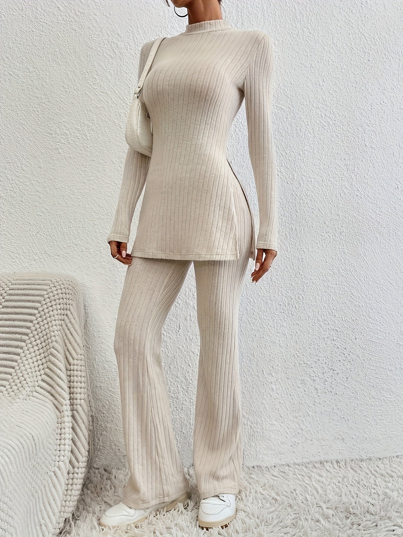 Solid Ribbed Lounge Set, Long Sleeve Side Split Top & Elastic Waistband Pants, Women's Loungewear & Sleepwear